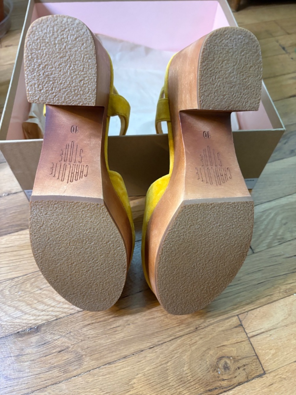 Charlotte Stone Sal Wooden Block Platform Heels in Ochre Yellow Women's US 10 - Picture 8 of 14